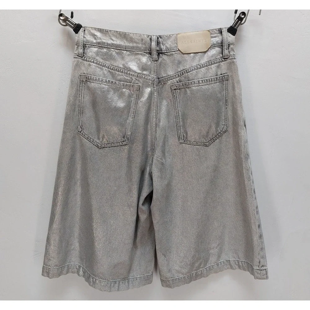 AllSaints Louie Long Shorts Women's 26 Silver Metallic Foil Denim Bermuda Street